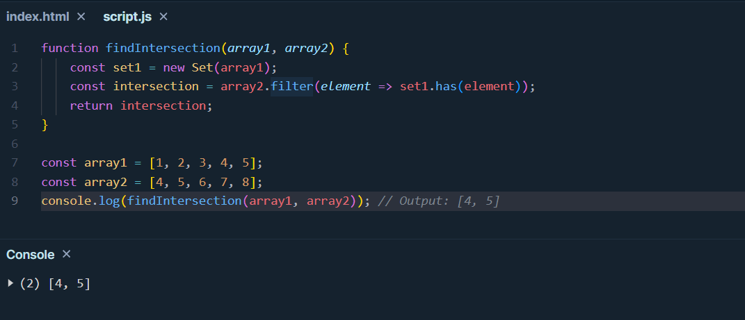 find the intersection of two arrays in JavaScript