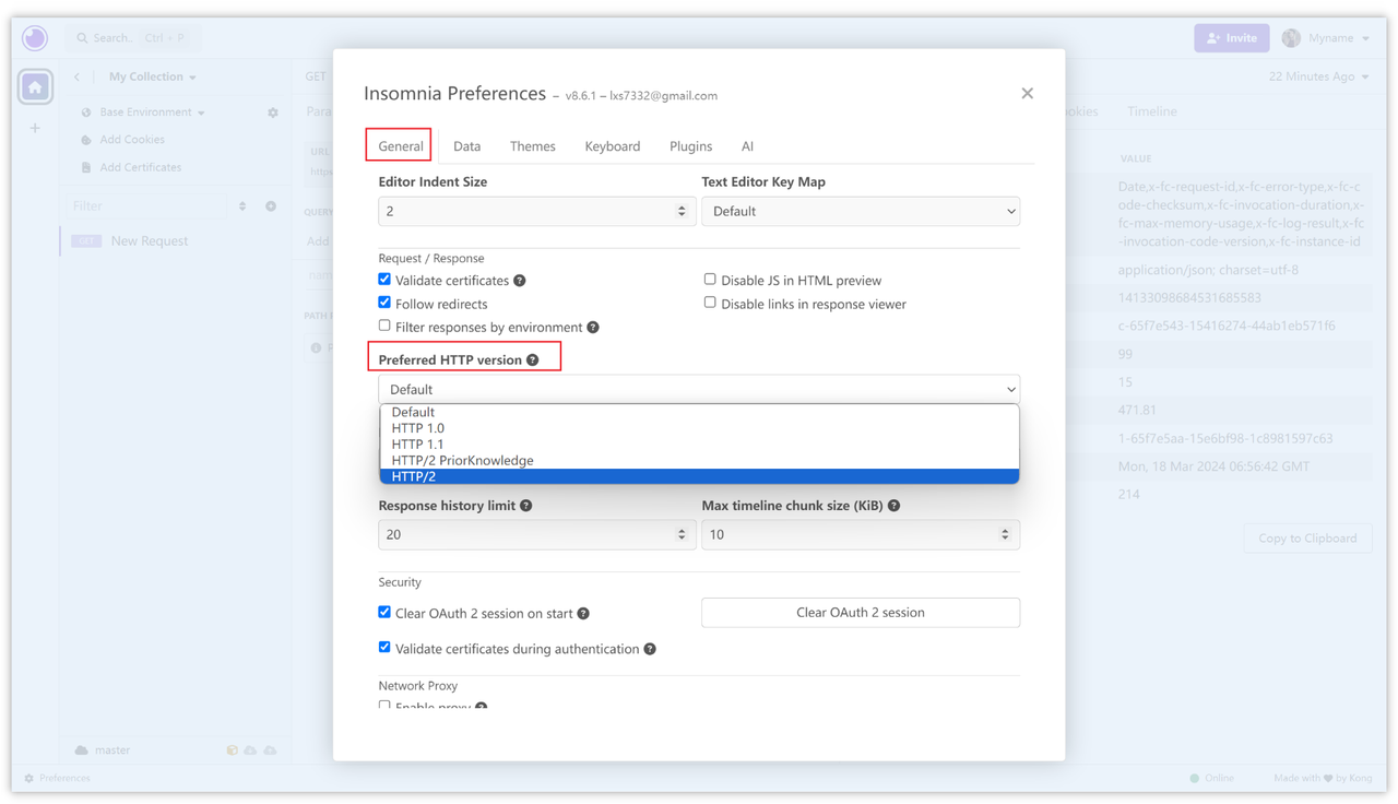 Activating HTTP/2 support in Insomnia